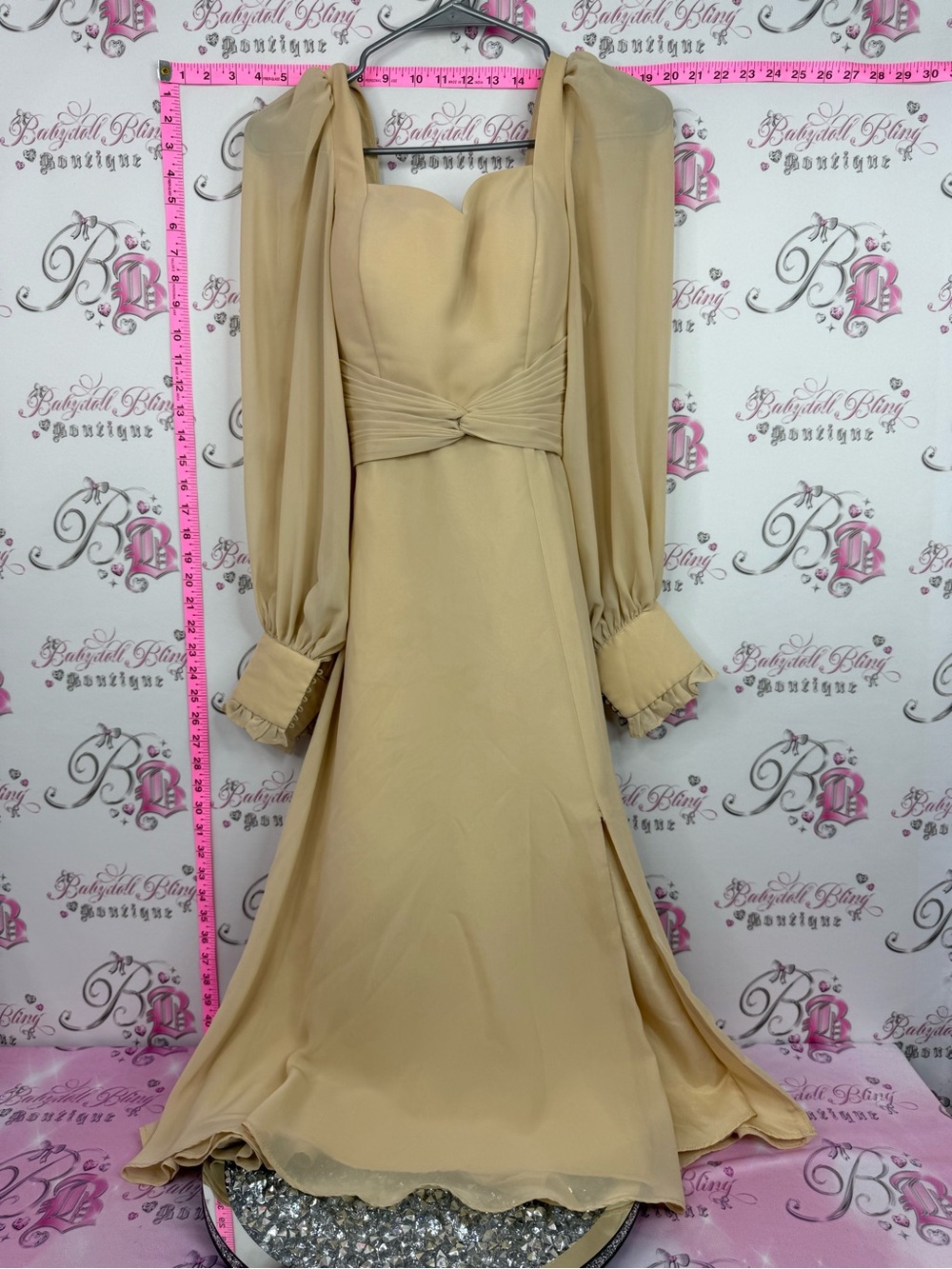 JJs House dress long formal Champagne Long-Sleeve Chiffon Evening Gown